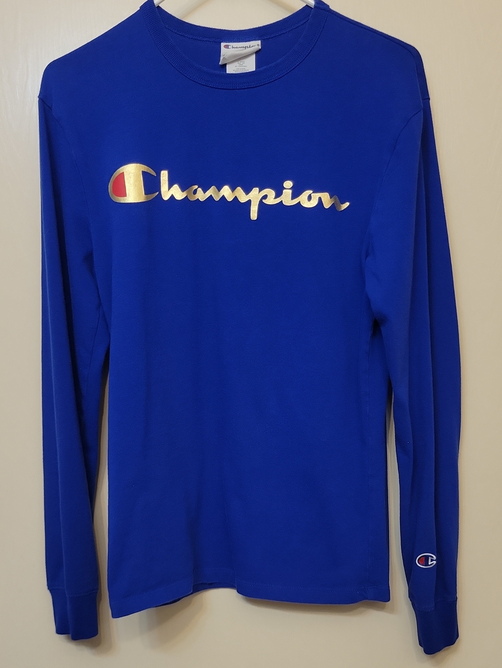 Champion Royal Blue Long-Sleeve Crewneck with Gold Script Logo